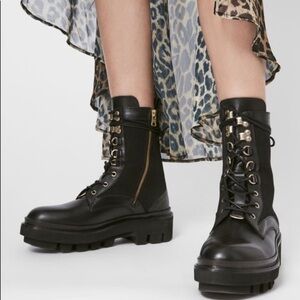 All Saints Black Leather Lug-Sole Combat Boots with Gold Zipper